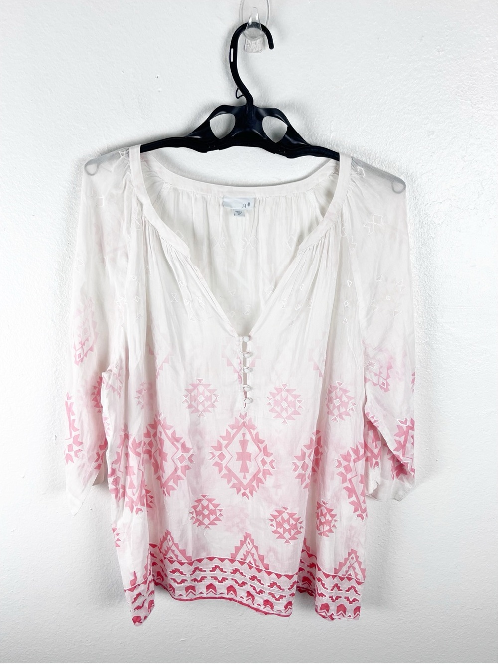 J. JILL Silk Blend 3/4 Sleeves Sheer Aztec Print Tunic Top Size XL Casual Boho